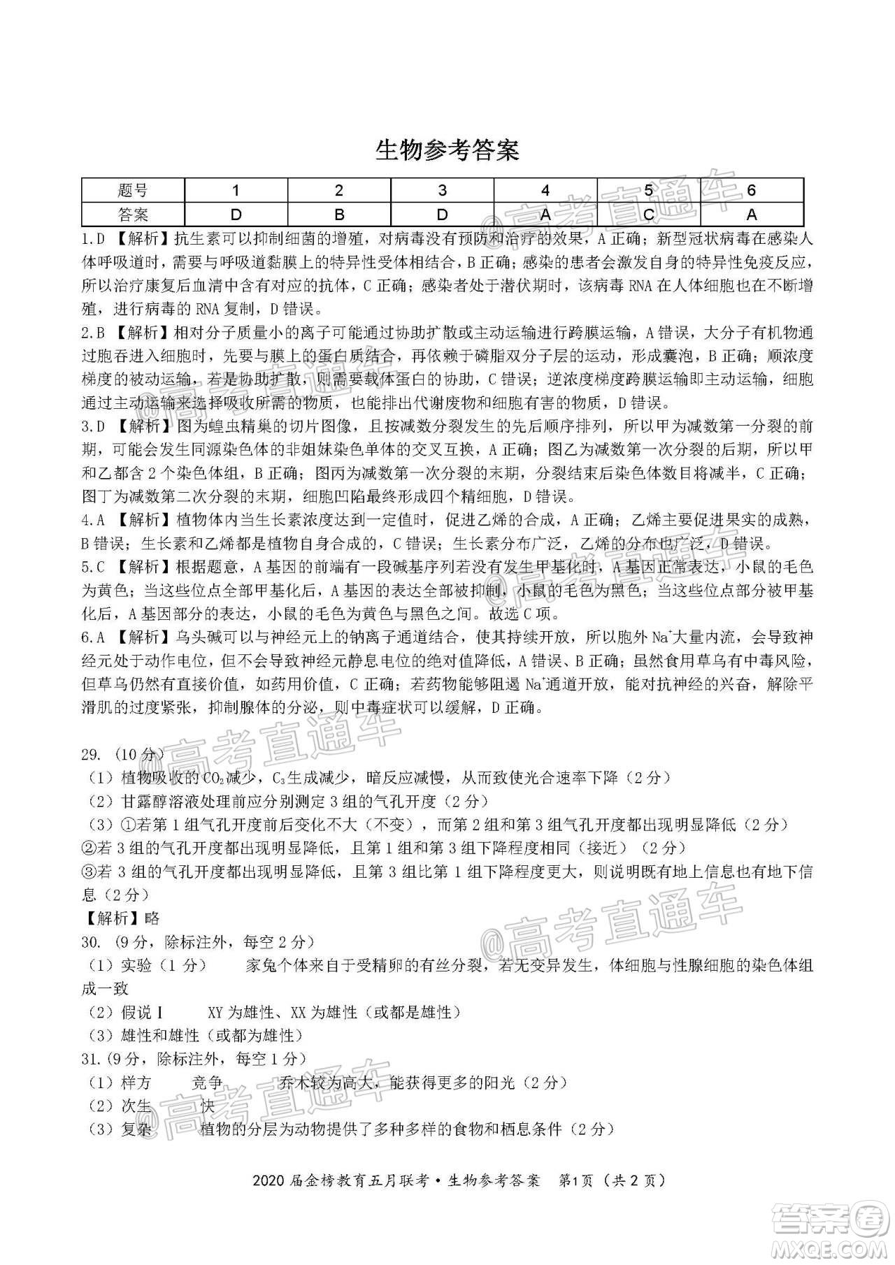 2020年皖江名校聯(lián)盟高三第六次聯(lián)考理科綜合試題及答案