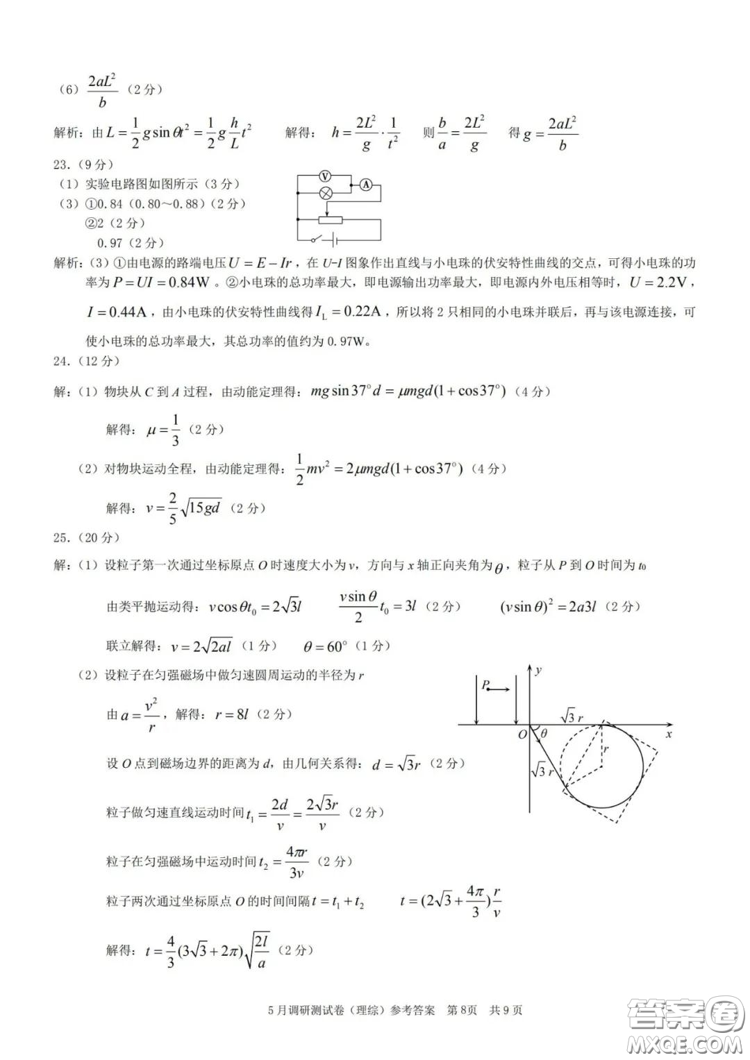 2020年重慶5月調(diào)研測(cè)試卷康德卷理科綜合答案