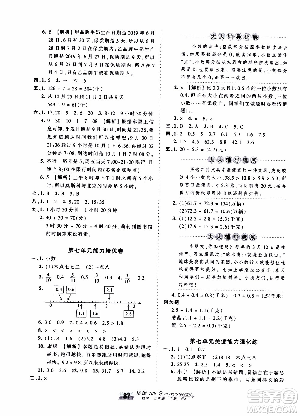 2020年王朝霞培優(yōu)100分數(shù)學三年級下冊RJ人教版參考答案