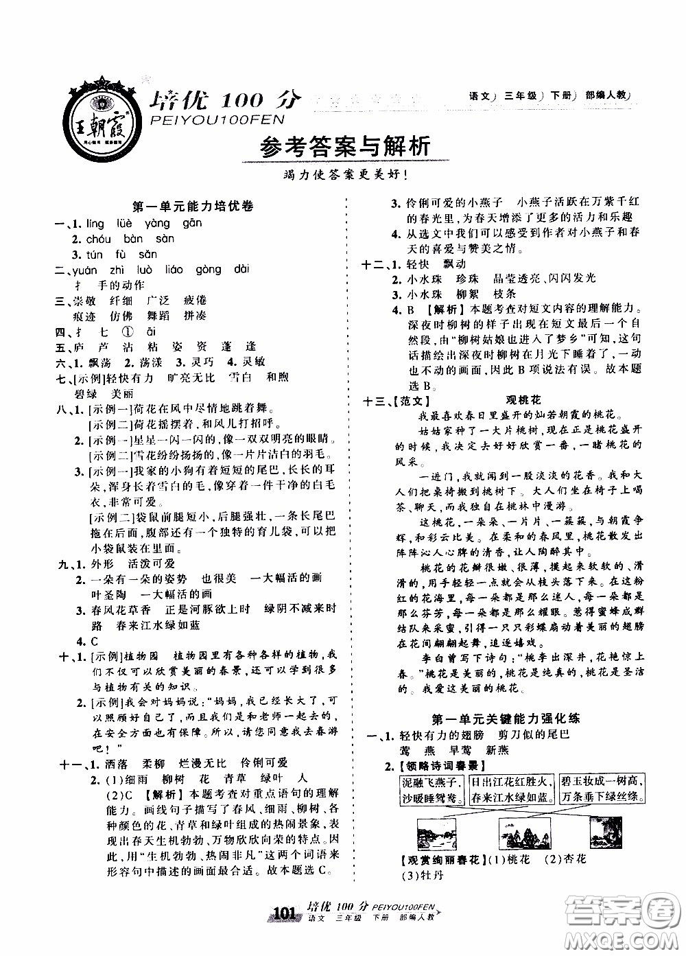 2020年王朝霞培優(yōu)100分語(yǔ)文三年級(jí)下冊(cè)RJ人教版參考答案