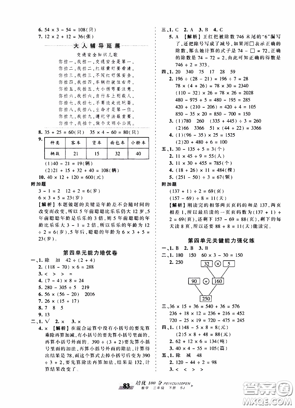 2020年王朝霞培優(yōu)100分?jǐn)?shù)學(xué)三年級(jí)下冊(cè)SJ蘇教版參考答案