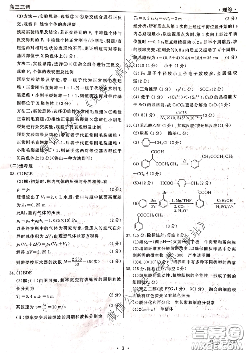 衡中同卷2019-2020學(xué)年度下學(xué)期高三年級三調(diào)考試?yán)砭C答案