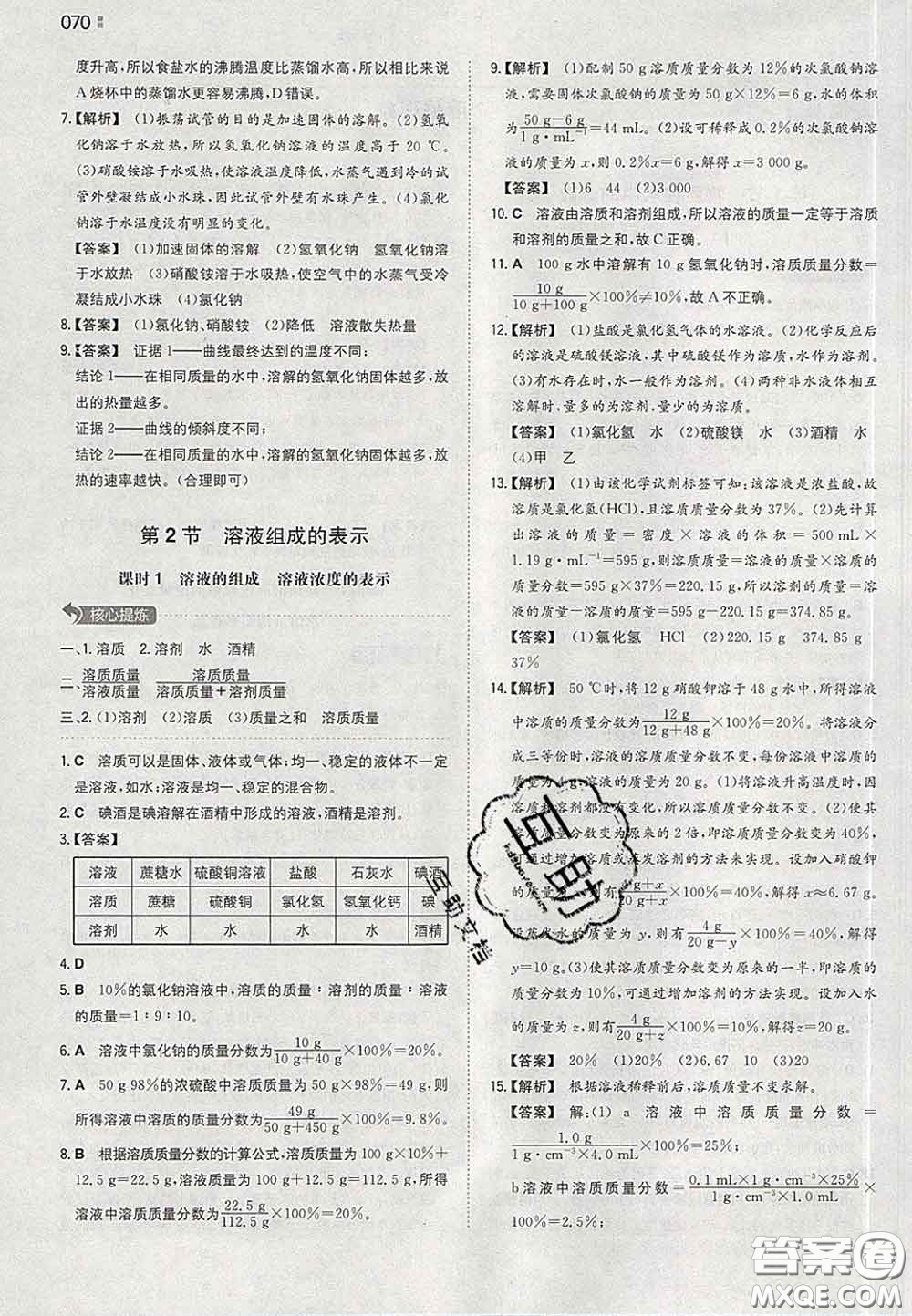 2020新版一本同步訓(xùn)練初中化學(xué)九年級下冊滬教版答案