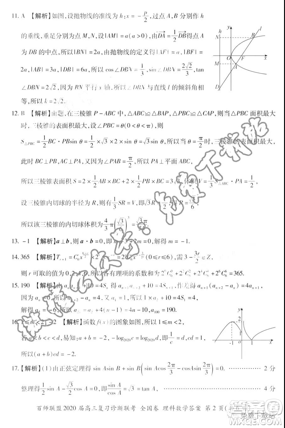 百師聯(lián)盟2020屆高三復(fù)習(xí)診斷聯(lián)考全國(guó)卷理科數(shù)學(xué)答案