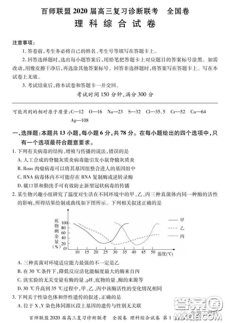 百師聯(lián)盟2020屆高三復習診斷聯(lián)考全國卷理科綜合答案