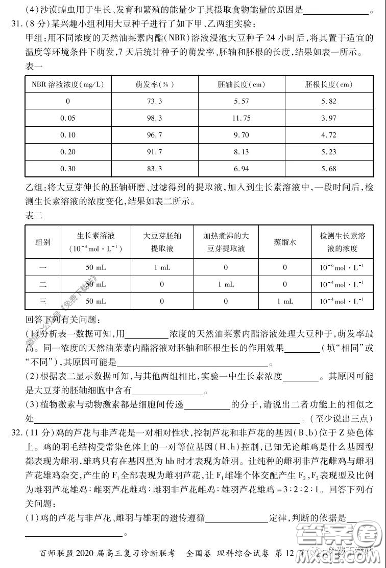 百師聯(lián)盟2020屆高三復習診斷聯(lián)考全國卷理科綜合答案