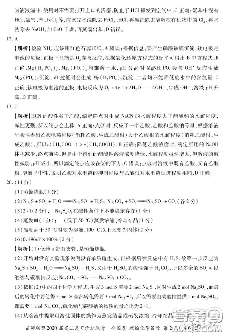 百師聯(lián)盟2020屆高三復習診斷聯(lián)考全國卷理科綜合答案