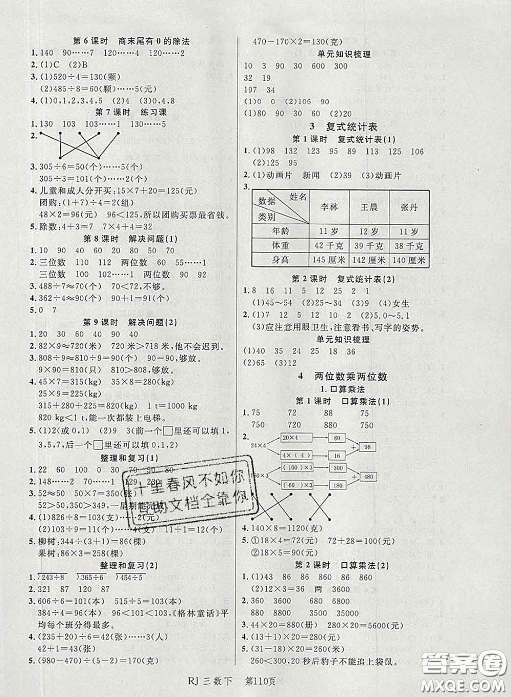 2020春品至教育小狀元隨堂手冊(cè)三年級(jí)數(shù)學(xué)下冊(cè)人教版參考答案