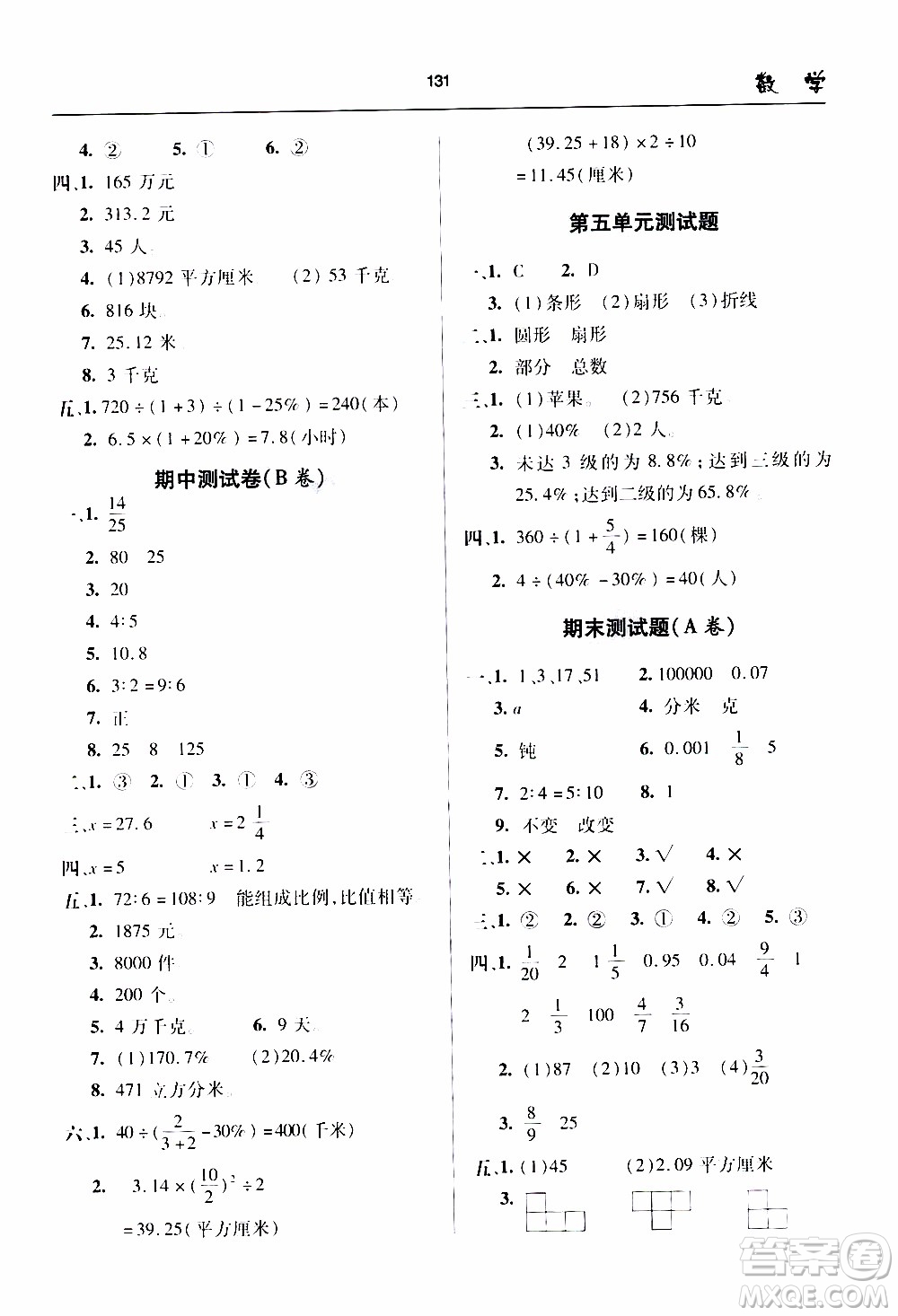 2020年金博士一點全通數(shù)學(xué)六年級下冊青島版參考答案