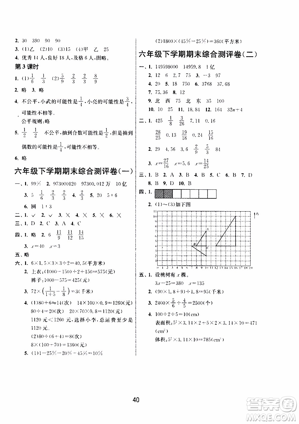 江蘇人民出版社2020年課時訓(xùn)練數(shù)學(xué)六年級下冊江蘇版參考答案