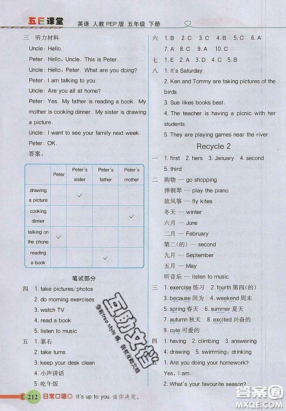 河北教育出版社2020新版五E課堂五年級(jí)英語(yǔ)下冊(cè)人教版答案