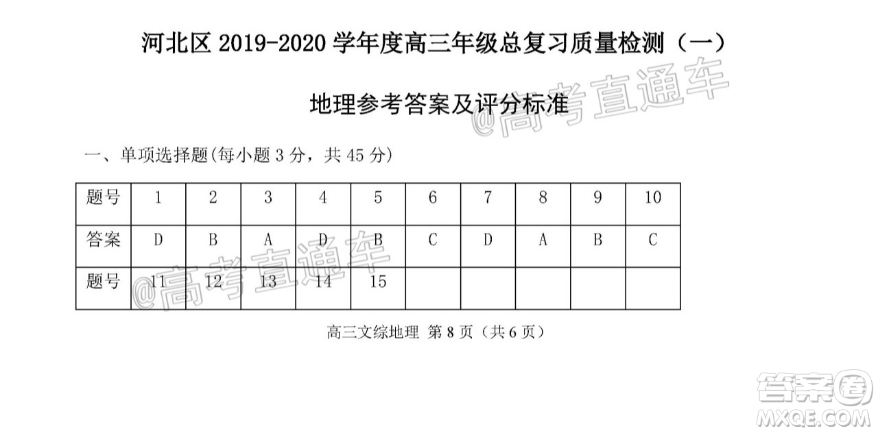 天津市河北區(qū)2019-2020學年度高三年級總復習質量檢測一地理試題及答案