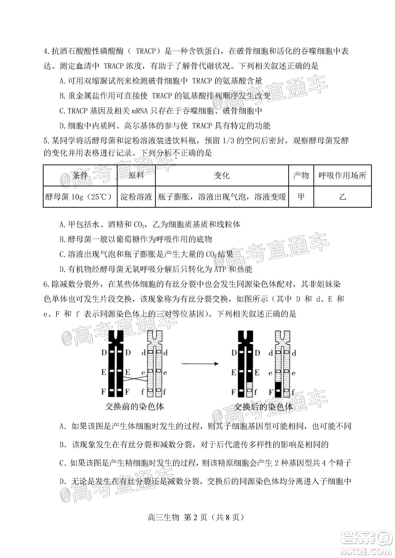 天津市河北區(qū)2019-2020學年度高三年級總復習質量檢測一生物試題及答案