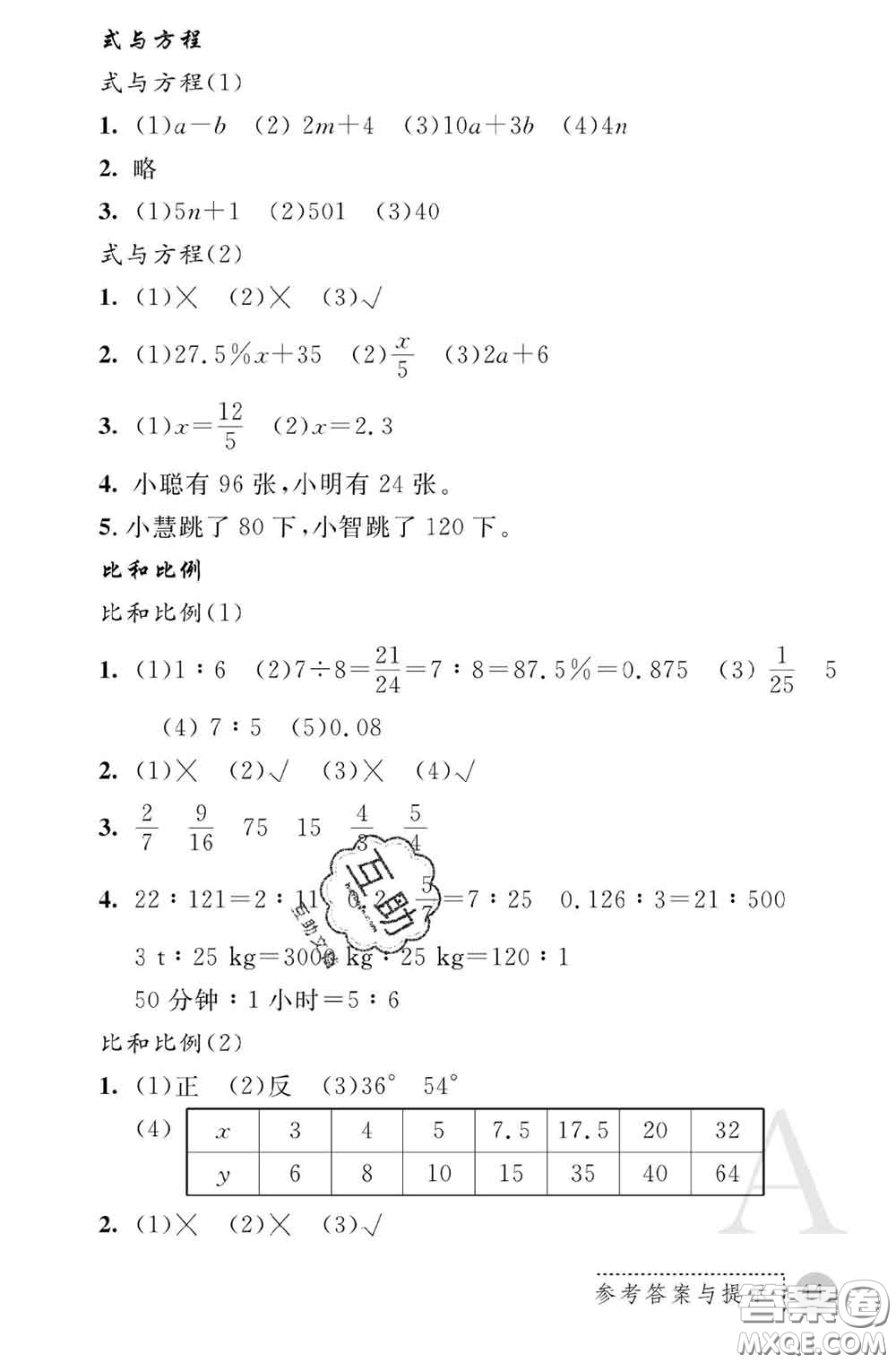 陜西師范大學(xué)出版社2020春課堂練習(xí)冊(cè)六年級(jí)數(shù)學(xué)下冊(cè)A版答案