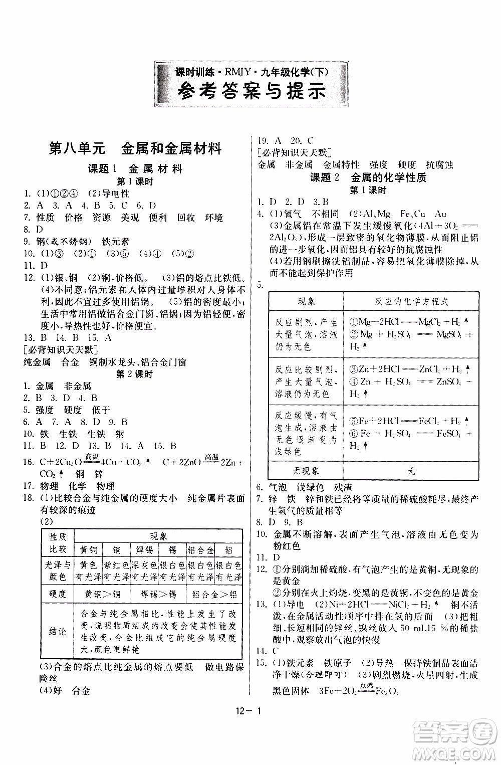 2020年課時(shí)訓(xùn)練九年級(jí)下冊(cè)化學(xué)RMJY人民教育版參考答案