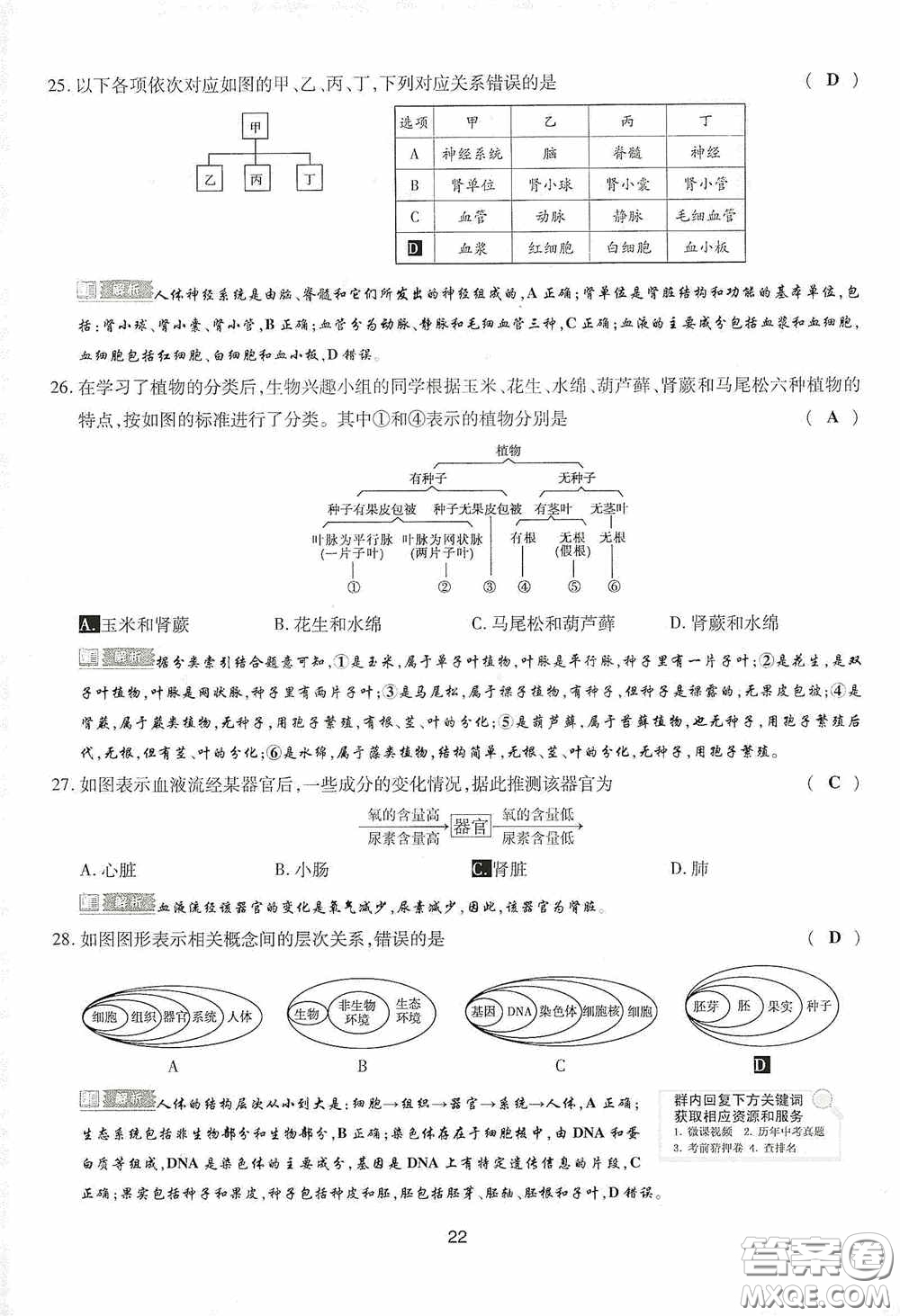 2020江西中考必備中考一卷通生物答案