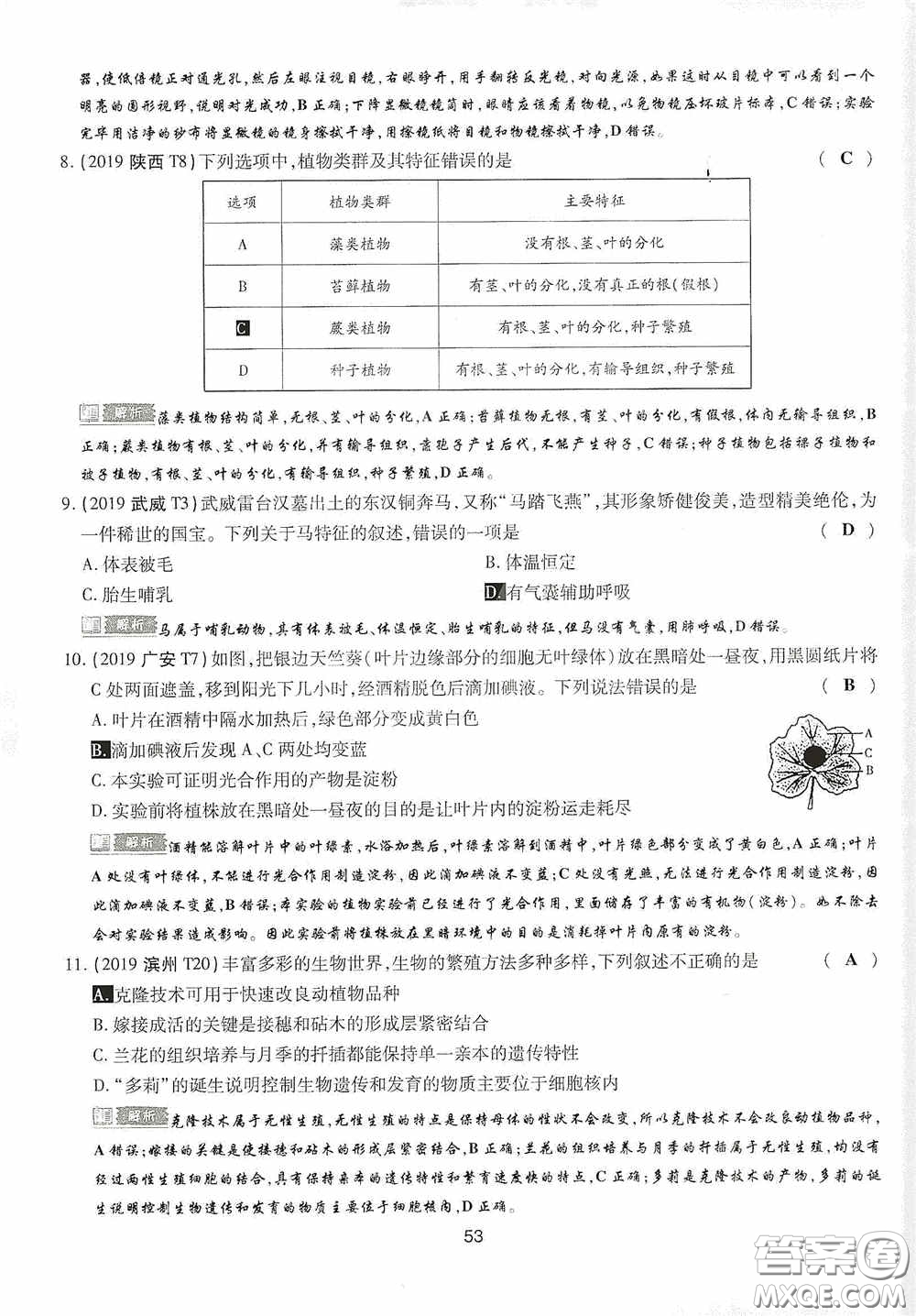 2020江西中考必備中考一卷通生物答案