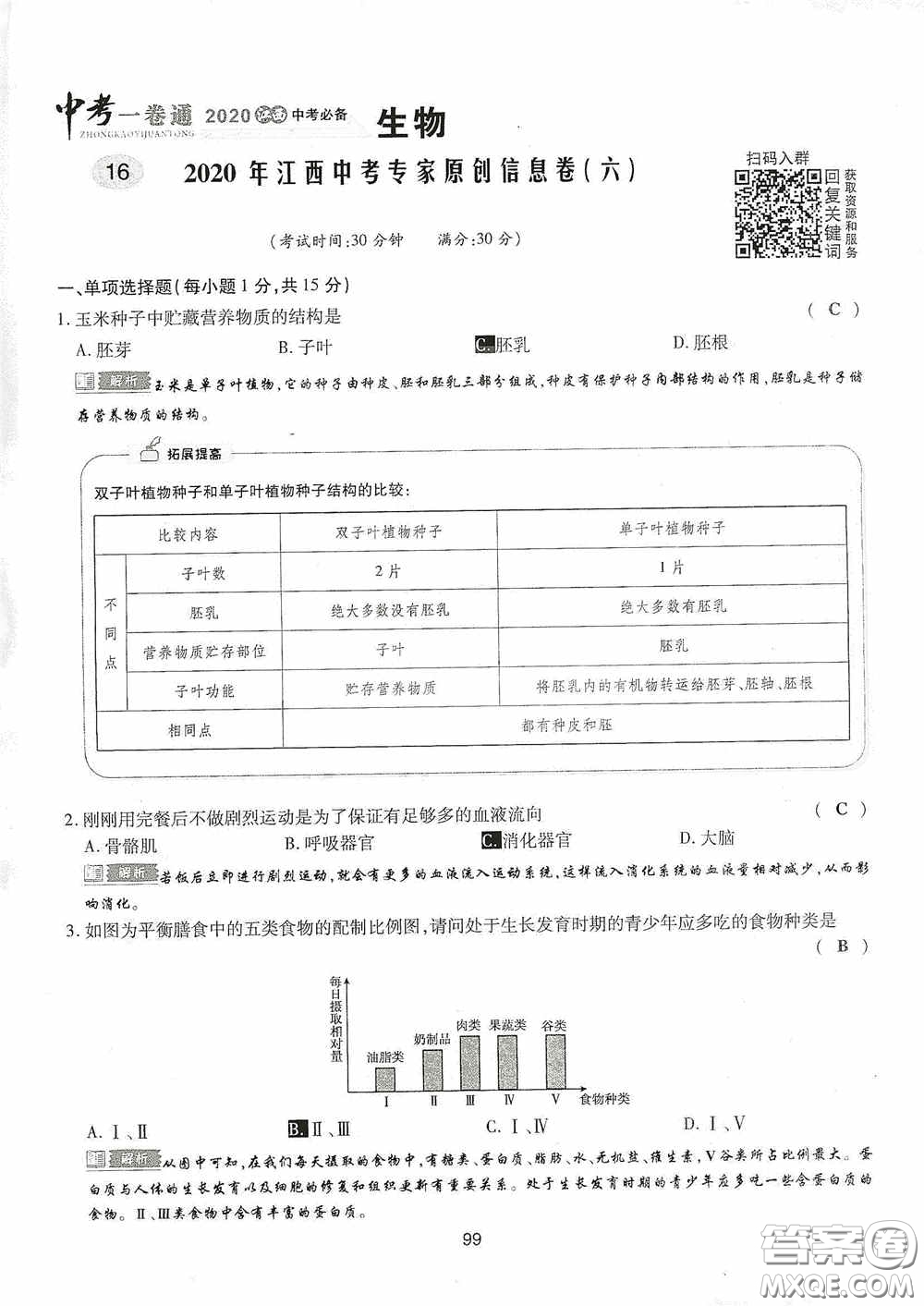 2020江西中考必備中考一卷通生物答案