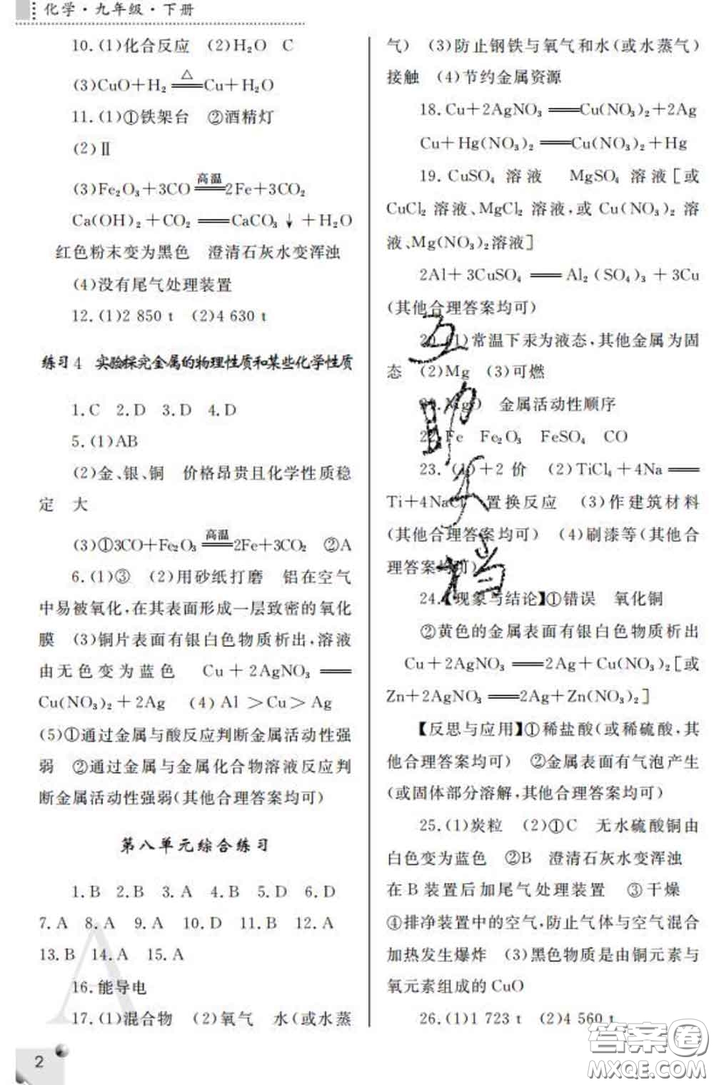 陜西師范大學(xué)出版社2020春課堂練習(xí)冊(cè)九年級(jí)化學(xué)下冊(cè)A版答案