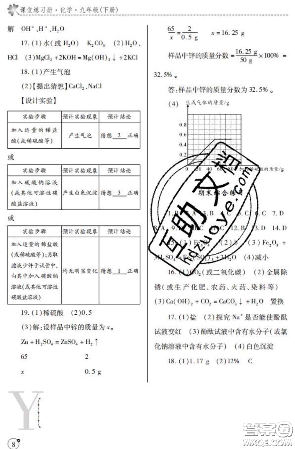 陜西師范大學出版社2020春課堂練習冊九年級化學下冊Y版答案