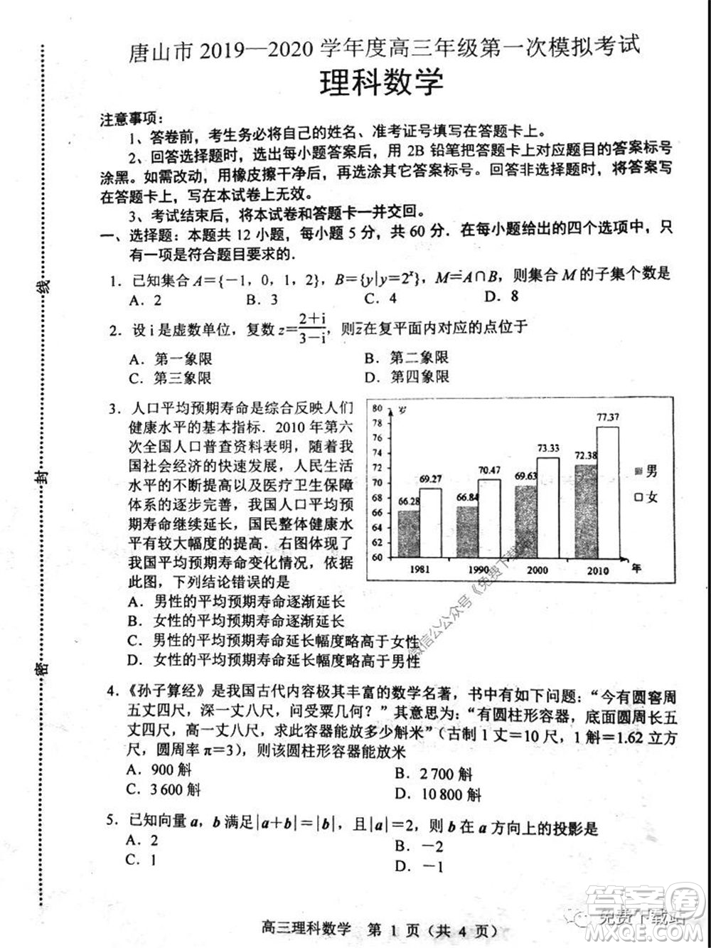 唐山市2019-2020學(xué)年度高三年級第一次模擬考試理科數(shù)學(xué)試題及答案