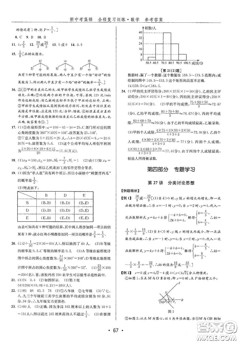 浙江人民出版社2020新中考集錦全程復(fù)習(xí)訓(xùn)練數(shù)學(xué)B本課后作業(yè)本答案