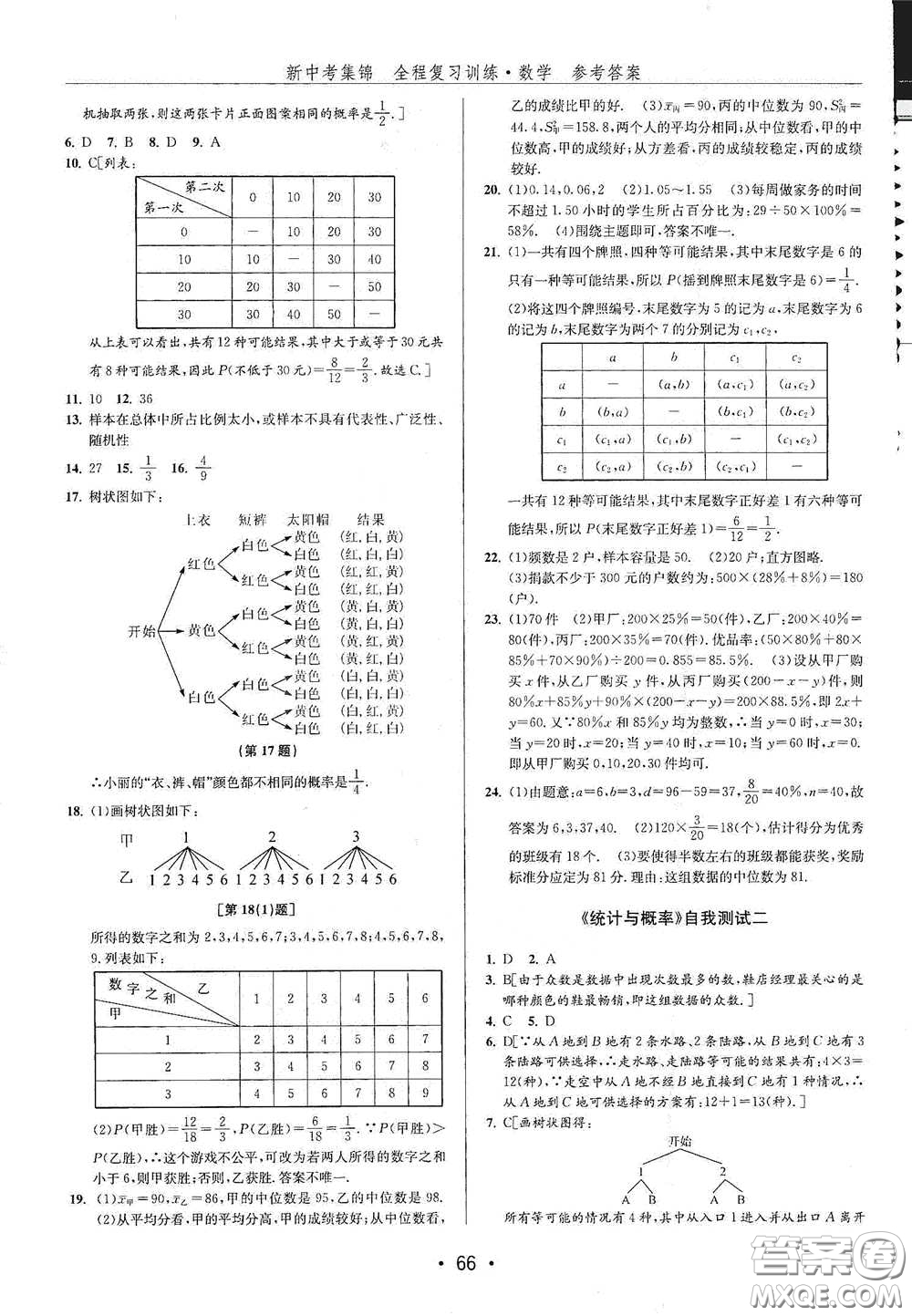 浙江人民出版社2020新中考集錦全程復(fù)習(xí)訓(xùn)練數(shù)學(xué)A本課后作業(yè)本答案