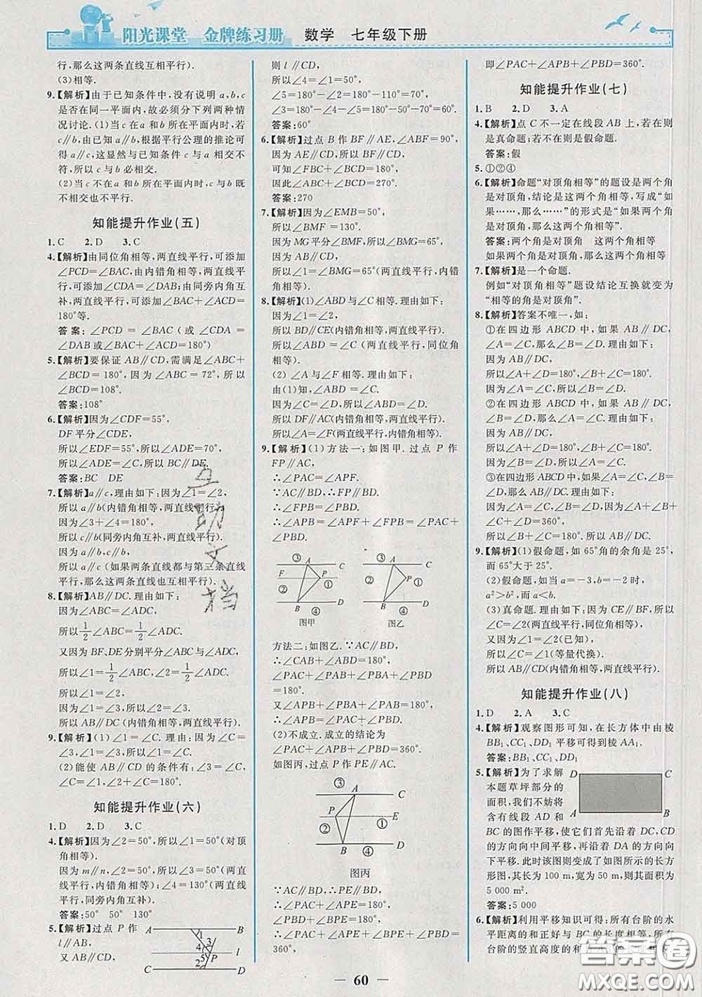 2020新版陽光課堂金牌練習冊七年級數學下冊人教版答案