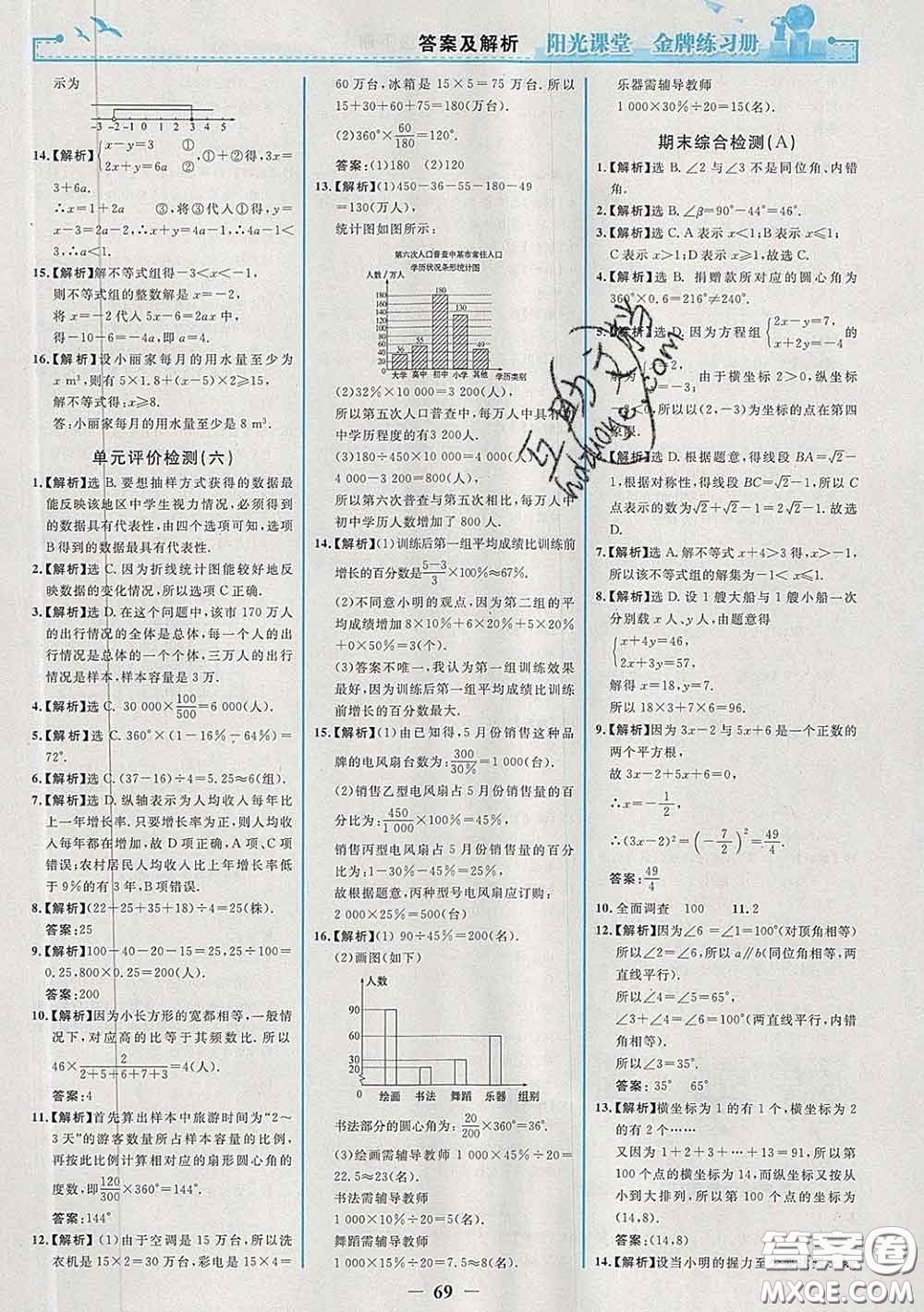 2020新版陽光課堂金牌練習冊七年級數學下冊人教版答案