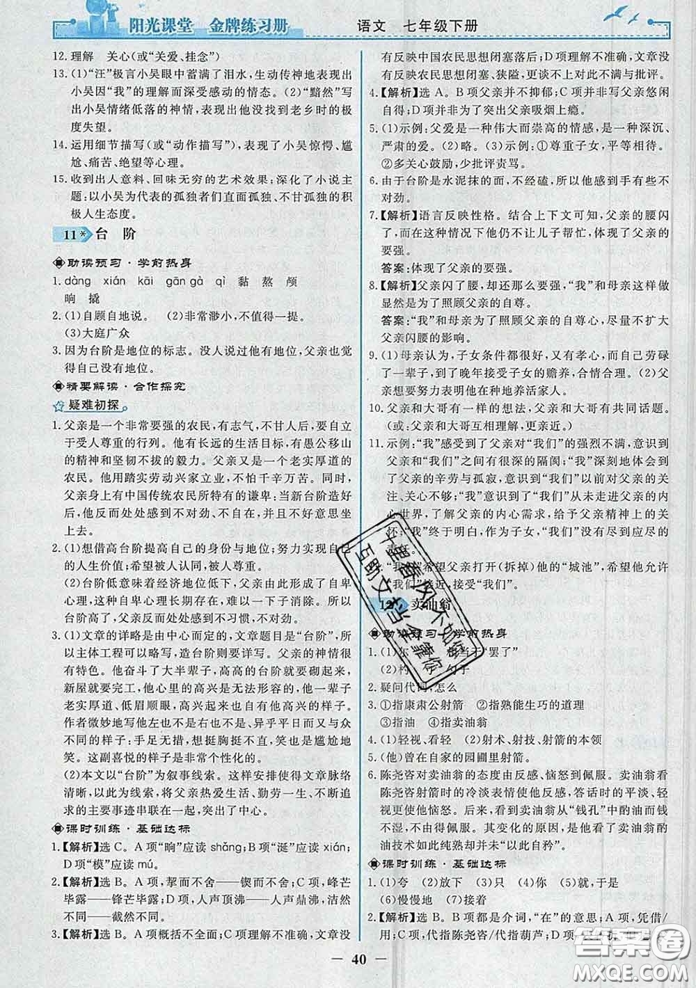 2020新版陽(yáng)光課堂金牌練習(xí)冊(cè)七年級(jí)語(yǔ)文下冊(cè)人教版答案