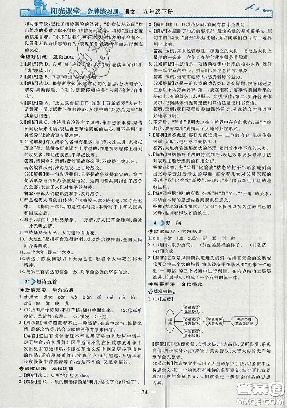 2020新版陽(yáng)光課堂金牌練習(xí)冊(cè)九年級(jí)語(yǔ)文下冊(cè)人教版答案