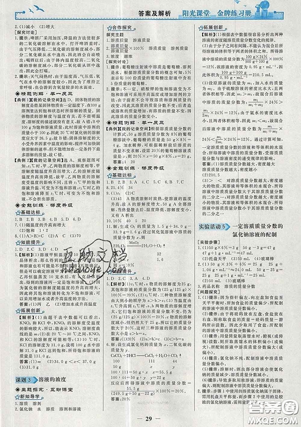 2020新版陽光課堂金牌練習(xí)冊九年級化學(xué)下冊人教版答案