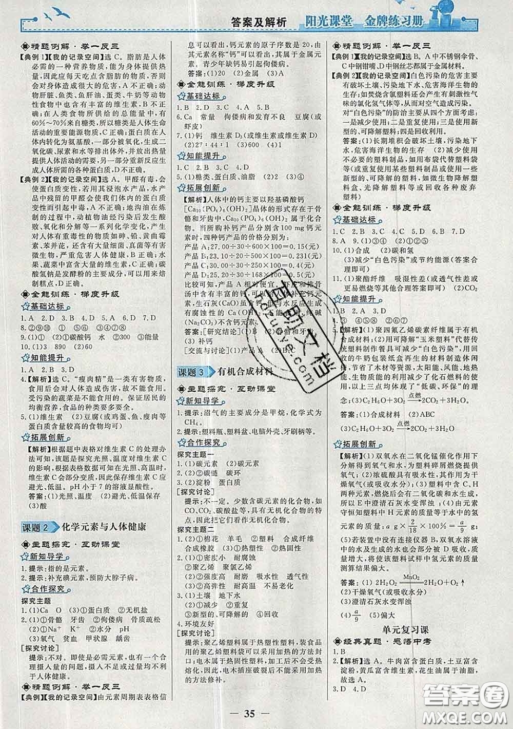 2020新版陽光課堂金牌練習(xí)冊九年級化學(xué)下冊人教版答案