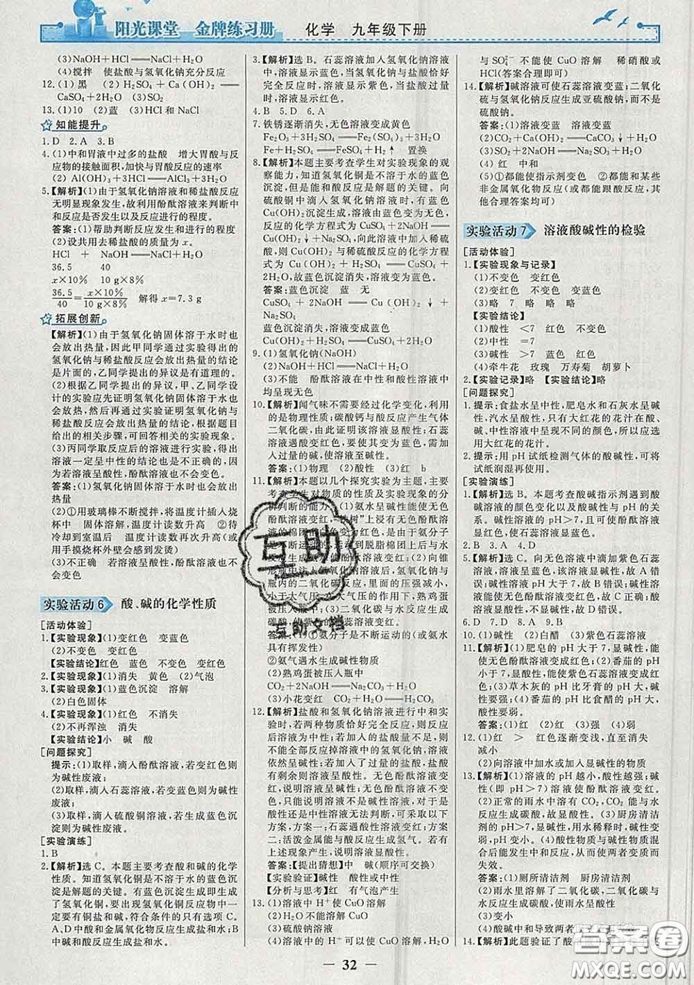 2020新版陽光課堂金牌練習(xí)冊九年級化學(xué)下冊人教版答案