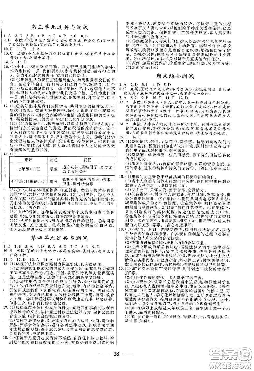 2020贏在起跑線上奪冠百分百新導(dǎo)學(xué)課時(shí)練七年級(jí)道德與法治下冊(cè)人教版答案