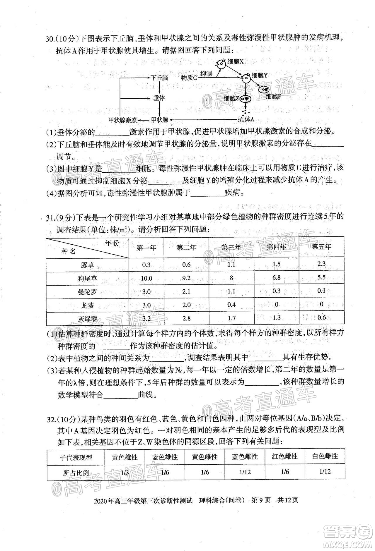 新疆2020年高三年級第三次診斷性測試理科綜合試題及答案