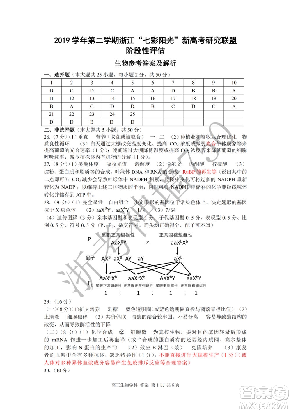 2019學年第二學期浙江七彩陽光新高考研究聯(lián)盟階段性評估高三生物試題及答案