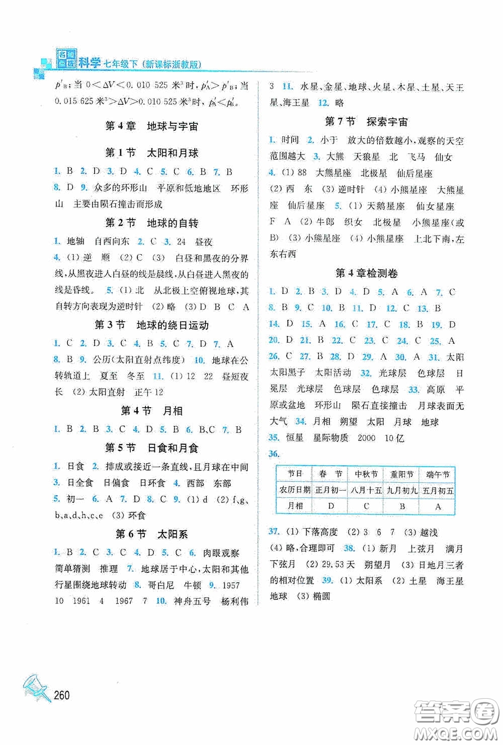 東南大學出版社2020名師點撥課課通教材全解析七年級科學下冊湘教版答案