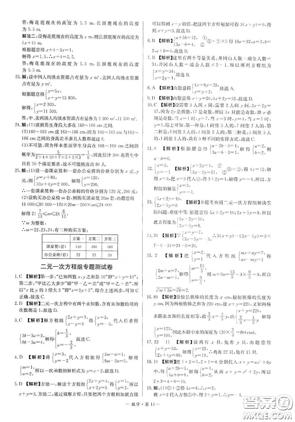 西藏人民出版社2020天利38套對(duì)接中考單元專(zhuān)題雙測(cè)卷七年級(jí)數(shù)學(xué)下冊(cè)人教版答案