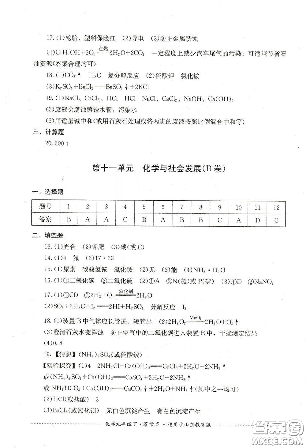 四川教育出版社2020課程標(biāo)準(zhǔn)初中單元測(cè)試九年級(jí)化學(xué)下冊(cè)山東教育版答案