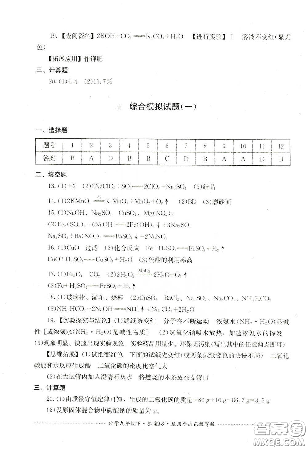 四川教育出版社2020課程標(biāo)準(zhǔn)初中單元測(cè)試九年級(jí)化學(xué)下冊(cè)山東教育版答案