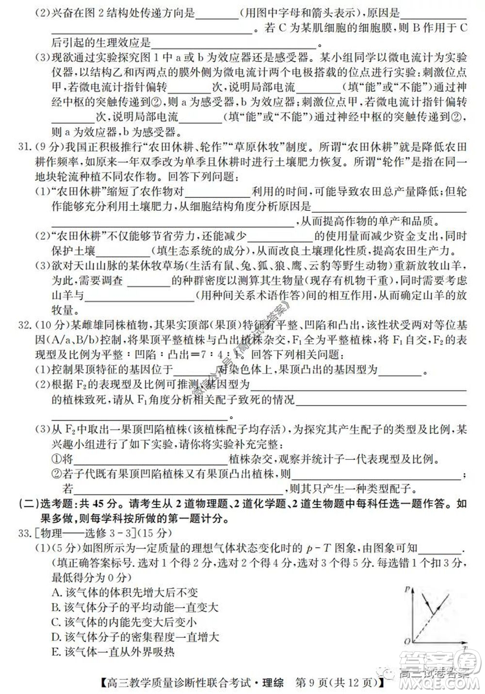 廣西2020年5月份高三教學(xué)質(zhì)量診斷性聯(lián)合考試?yán)砜凭C合試題及答案