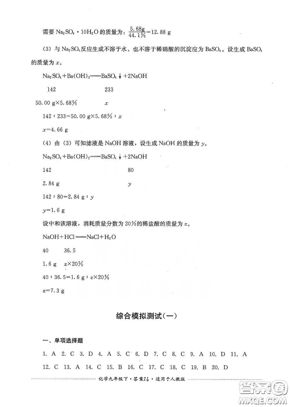 四川教育出版社2020課程標準初中單元測試九年級化學下冊人教版答案