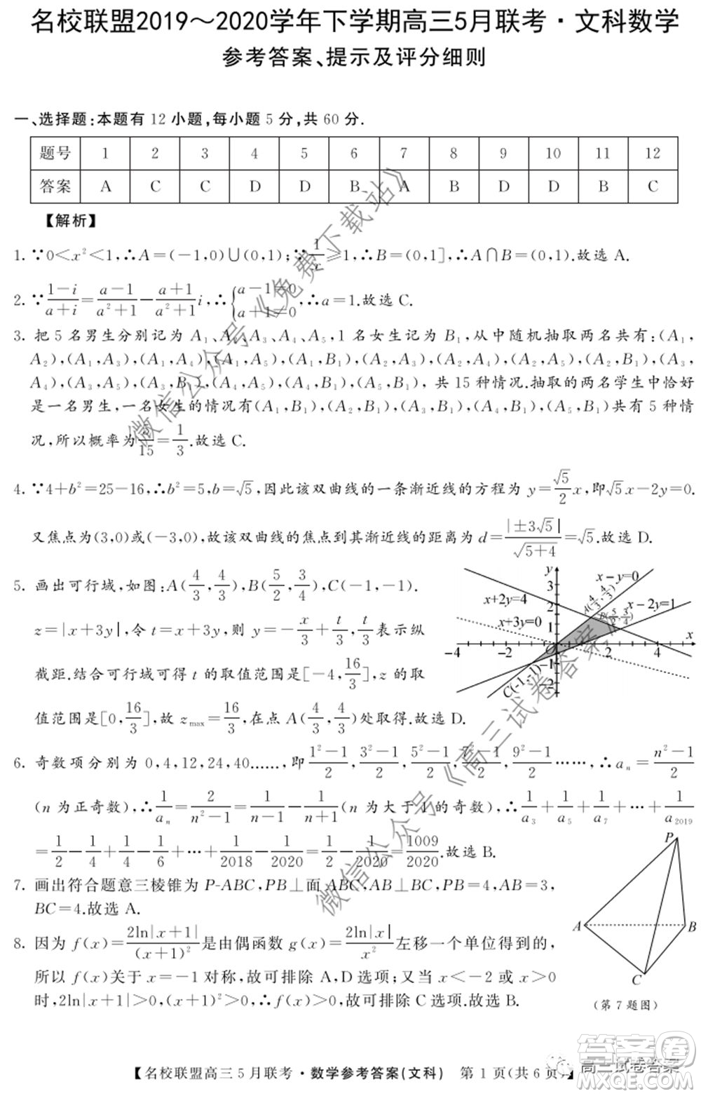 名校聯(lián)盟2019-2020學年下學期高三5月聯(lián)考文科數(shù)學試題及答案