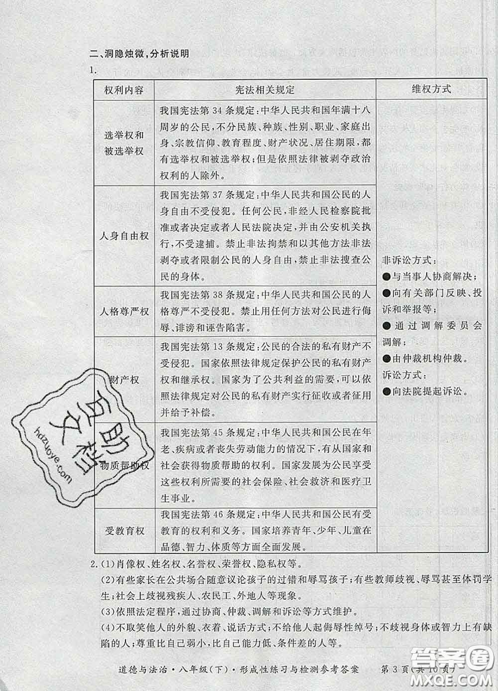 2020新版新課標形成性練習與檢測八年級道德與法治下冊人教版答案