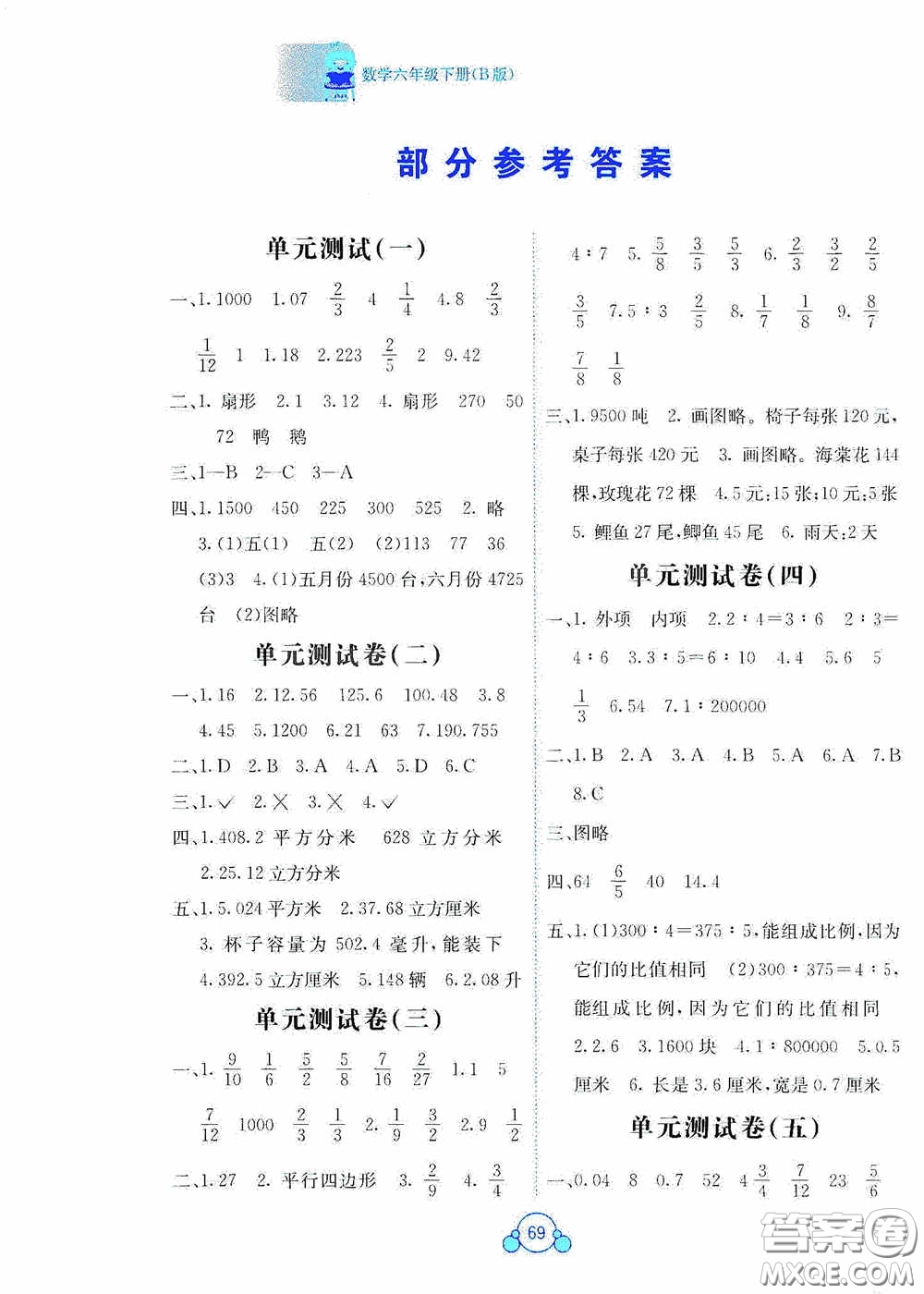 2020自主學(xué)習(xí)能力測(cè)評(píng)單元測(cè)試六年級(jí)數(shù)學(xué)下冊(cè)B版答案