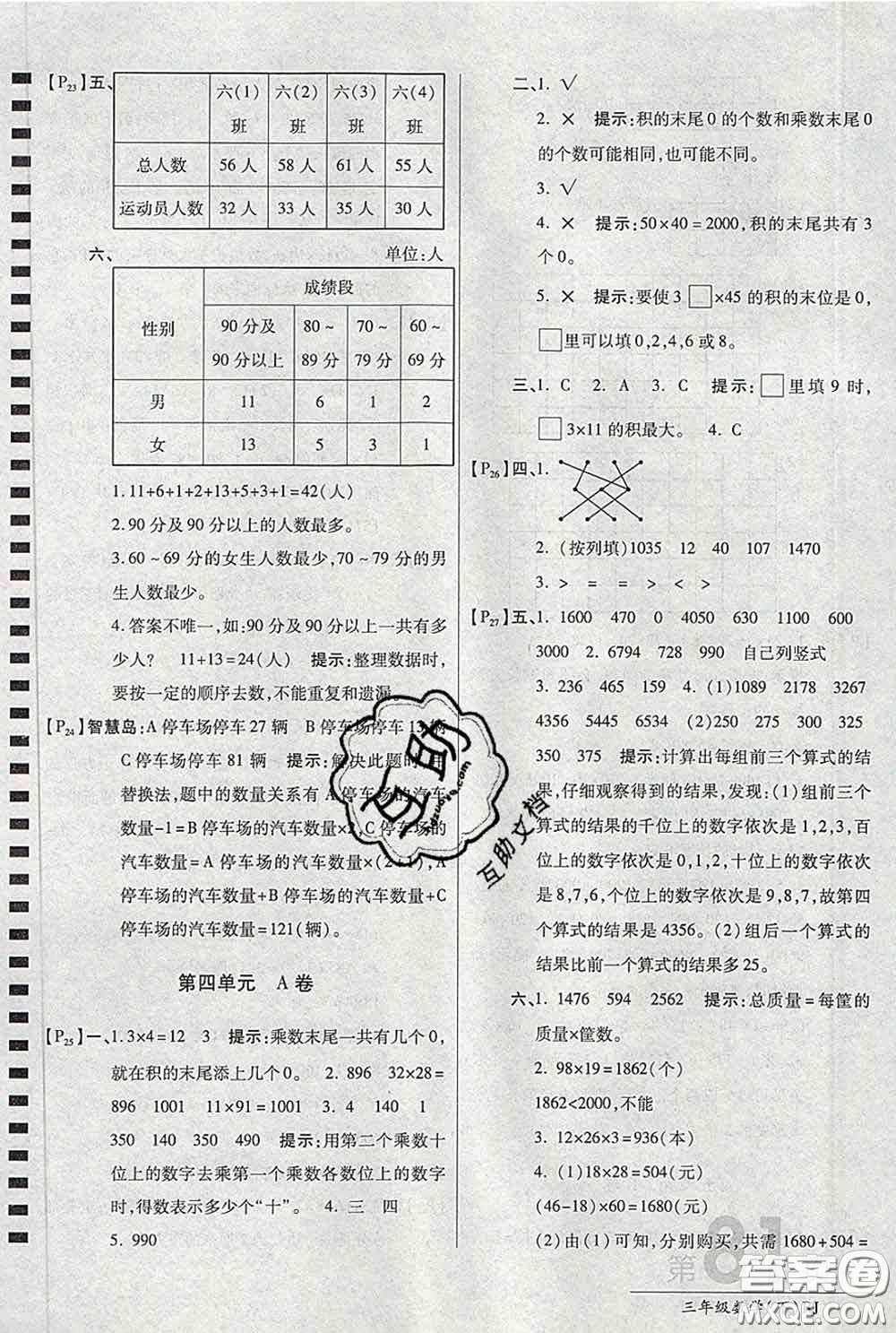 2020春新版最新AB卷小學(xué)三年級(jí)數(shù)學(xué)下冊(cè)人教版參考答案