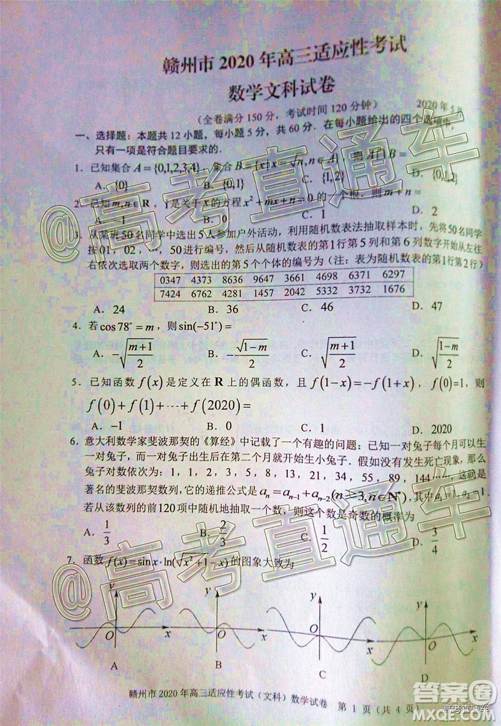 2020年5月贛州市高三年級適應性考試文科數(shù)學試題及答案