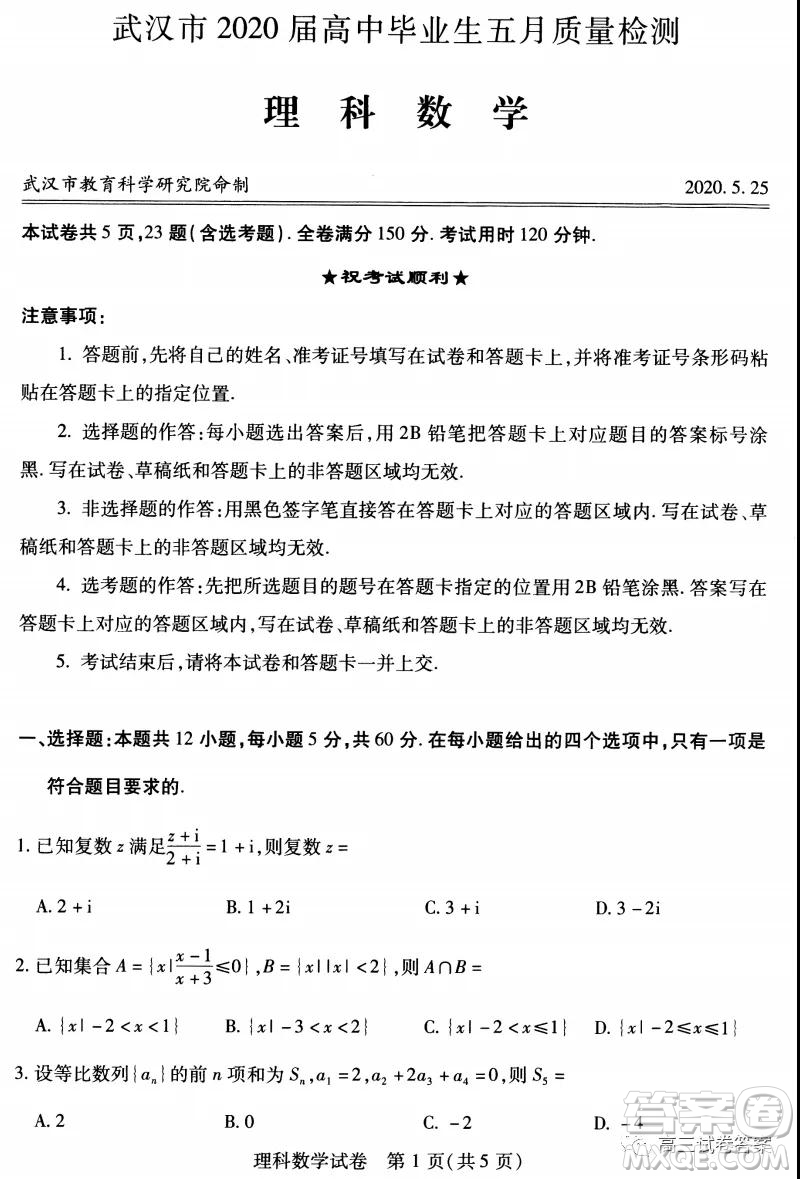 武漢市2020屆高中畢業(yè)生五月質(zhì)量檢測理科數(shù)學試題及答案