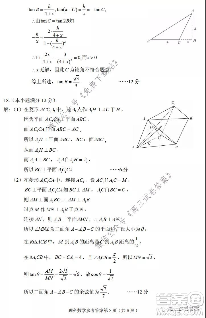 武漢市2020屆高中畢業(yè)生五月質(zhì)量檢測理科數(shù)學試題及答案